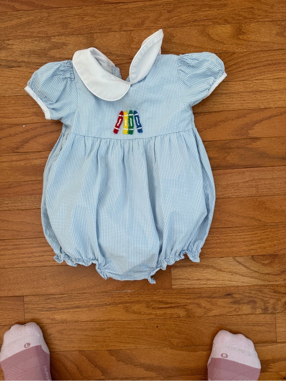 Place Light Blue Gingham Bubble Romper with Crayon Embroidery